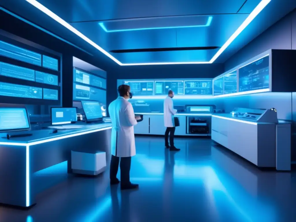 Futuro laboratorio con tecnología avanzada - Exploración asteroides: impacto cristales extraterrestres en interfaces cerebromáquina