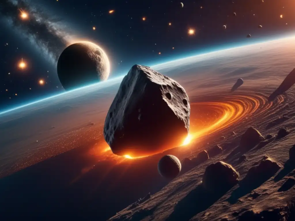 Peligroso asteroide se acerca a la Tierra Asteroides impacto tierra futuro, imagen 8k detallada de espacio sideral con peligroso asteroide