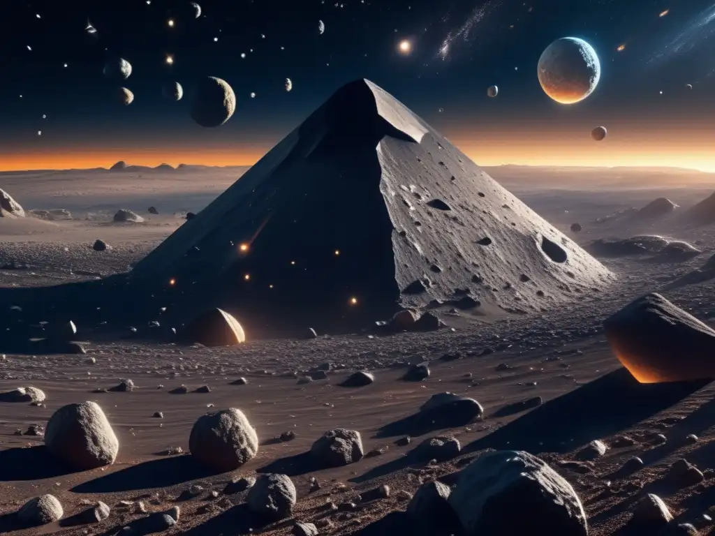 Impresionante imagen: asteroides en el espacio Exploración y explotación de asteroides en una impresionante imagen 8k que muestra un vasto espacio con campos de asteroides brillantes