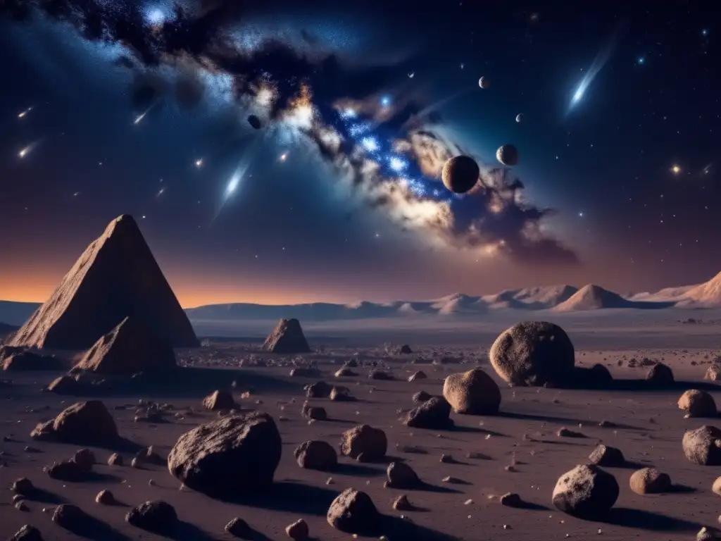 Asteroides irregulares iluminados por estrellas Amenaza: asteroides irregulares en el cielo estrellado, belleza cautivadora y potencial impacto en la Tierra