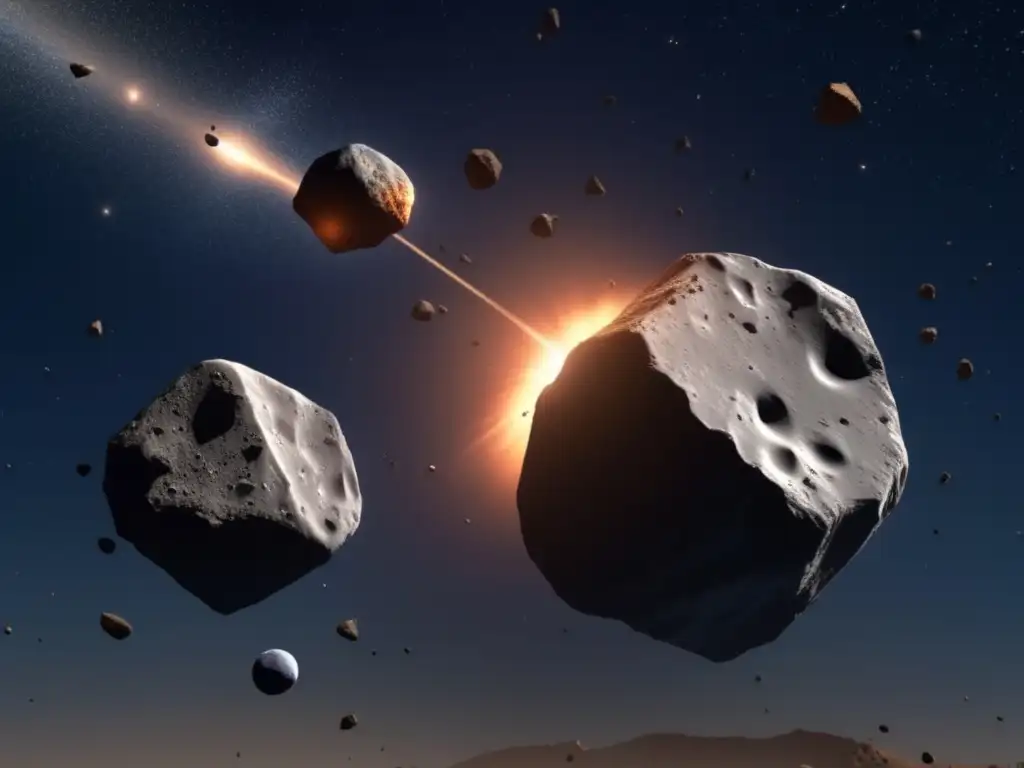 Colisión de asteroides irregulares Simulación colisión asteroides irregulares, detalles únicos y texturas superficie, vasto espacio estrellado