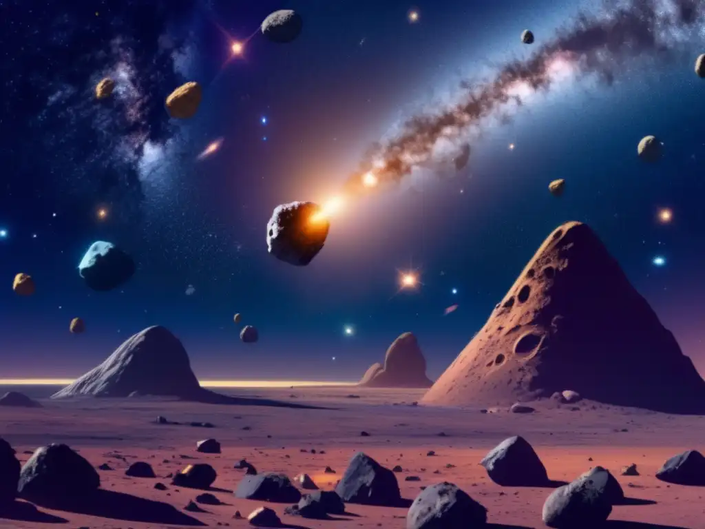Exploración espacial en asteroides Asteroides irregulares flotan en el espacio, mientras avanzados robots buscan vida extraterrestre y minerales valiosos