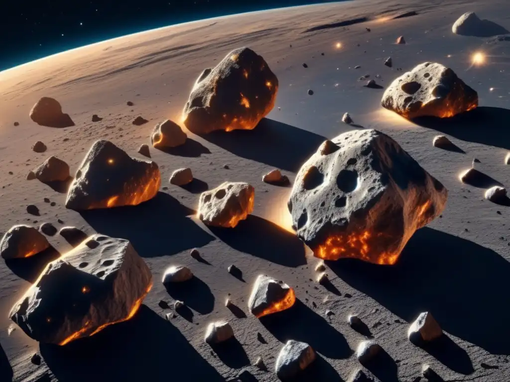 Asombrosa vista de asteroides flotando en el espacio Asteroides irregulares flotan en el espacio, mostrando detalles y texturas únicas