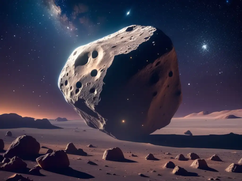 Impresionante asteroide irregular en el espacio Asteroides irregulares en el espacio, con estrellas brillantes y superficie única en rocas y metales