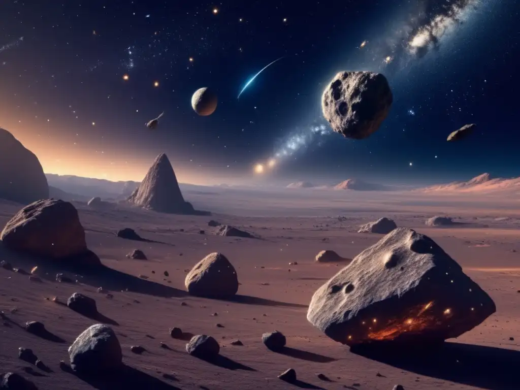Espacio estelar con asteroides irregulares Asteroides irregulares en el espacio: una imagen detallada en 8k muestra la inmensidad del espacio con estrellas y galaxias distantes