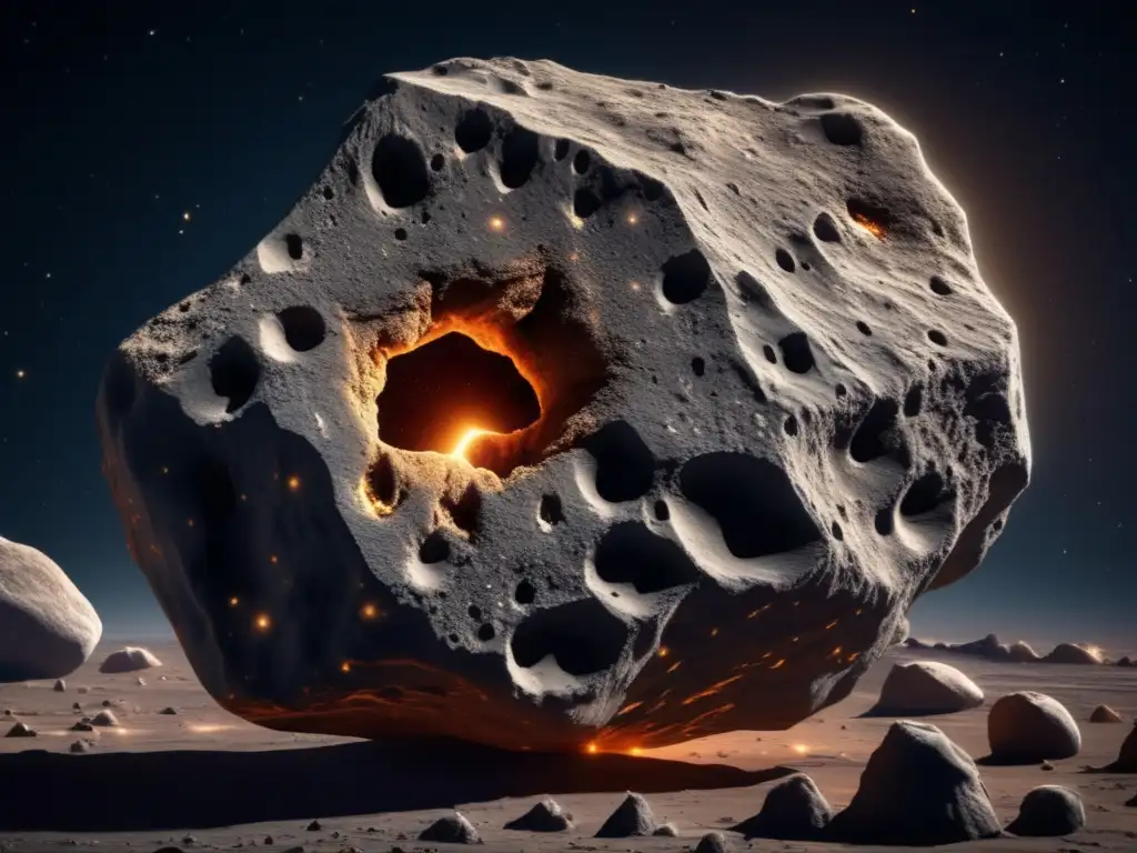 Asteroide irregular en el espacio Asteroides irregulares en el espacio: una imagen impresionante de un asteroide con detalles en 8k, formaciones rocosas y sombras dramáticas