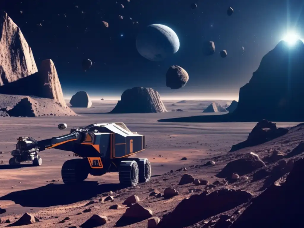 Recursos minerales en asteroide irregular Amenaza asteroides irregulares Tierra: Escena futurista de minería espacial con maquinaria avanzada en un asteroide