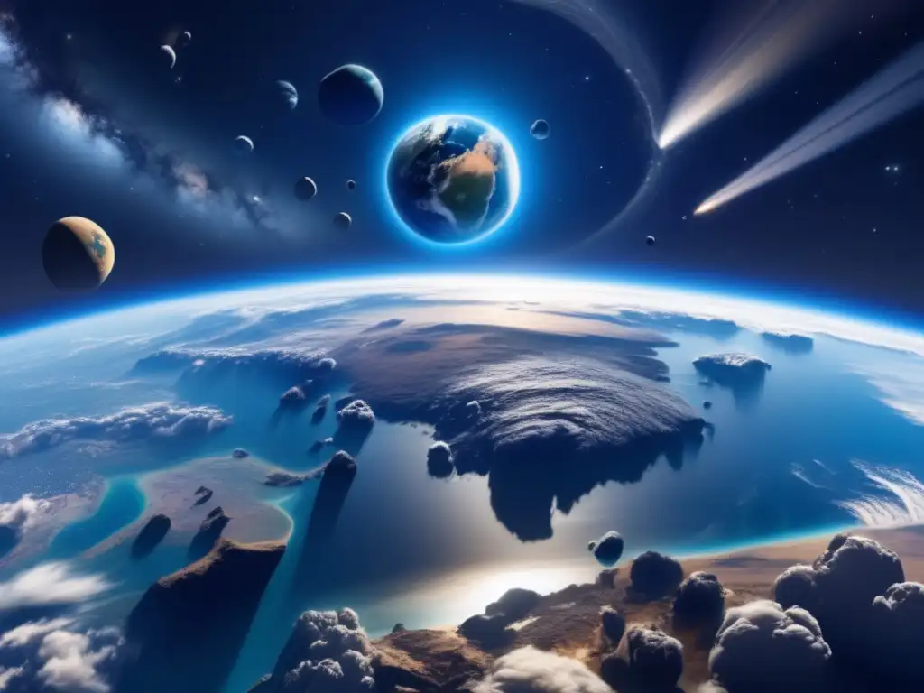 Vista panorámica de la Tierra desde el espacio con asteroides irregulares Amenaza: asteroides irregulares amenazan a la Tierra