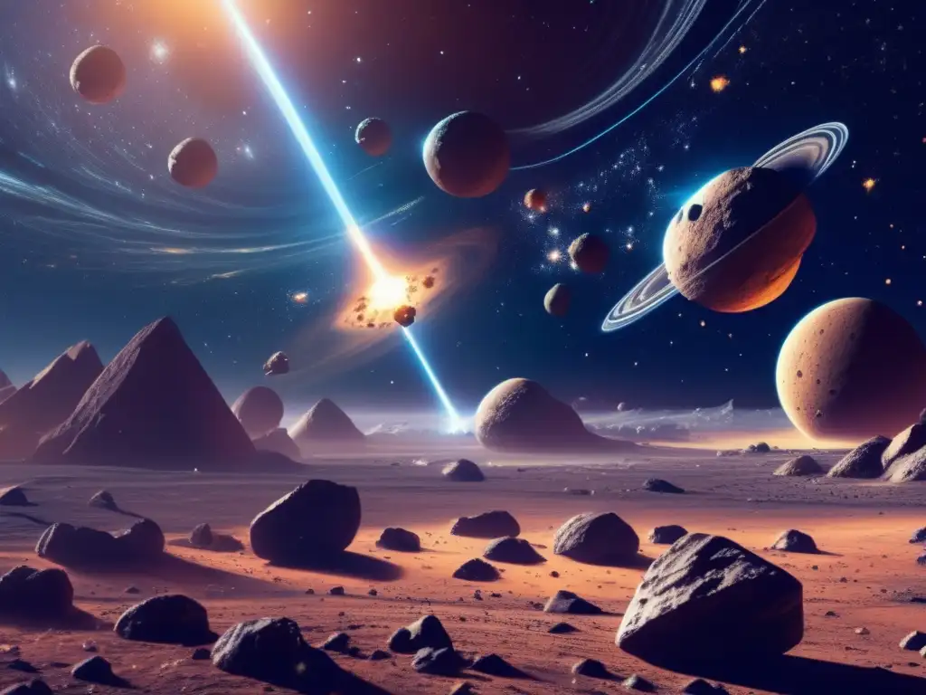 Exploración y extracción de recursos en asteroides irregulares Asteroides irregulares en el universo, con nave espacial minera