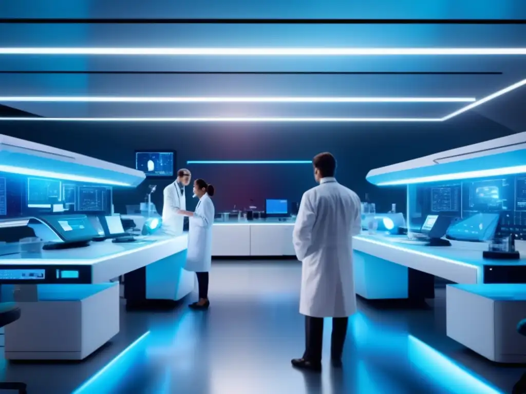 Tecnología láser defensa asteroides en laboratorio futurista con científicos trabajando en alta tecnología
