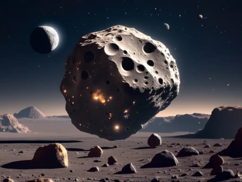 Asteroide y luna en detalle Exploración asteroides lunares, cuerpo rocoso con cráteres, superficie gris y marrón, luna, sombras, estrellas