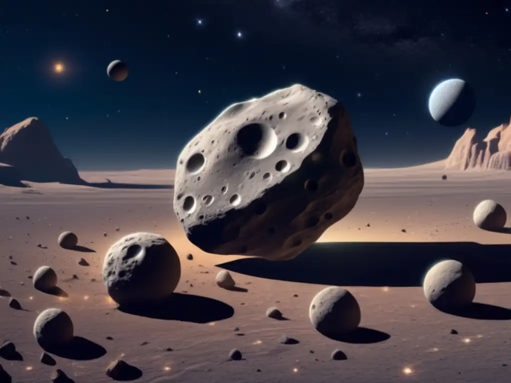 Detalle asombroso de asteroide con lunas orbitando Asteroides con lunas: imagen detallada y realista del estudio y exploración de estos cuerpos celestes