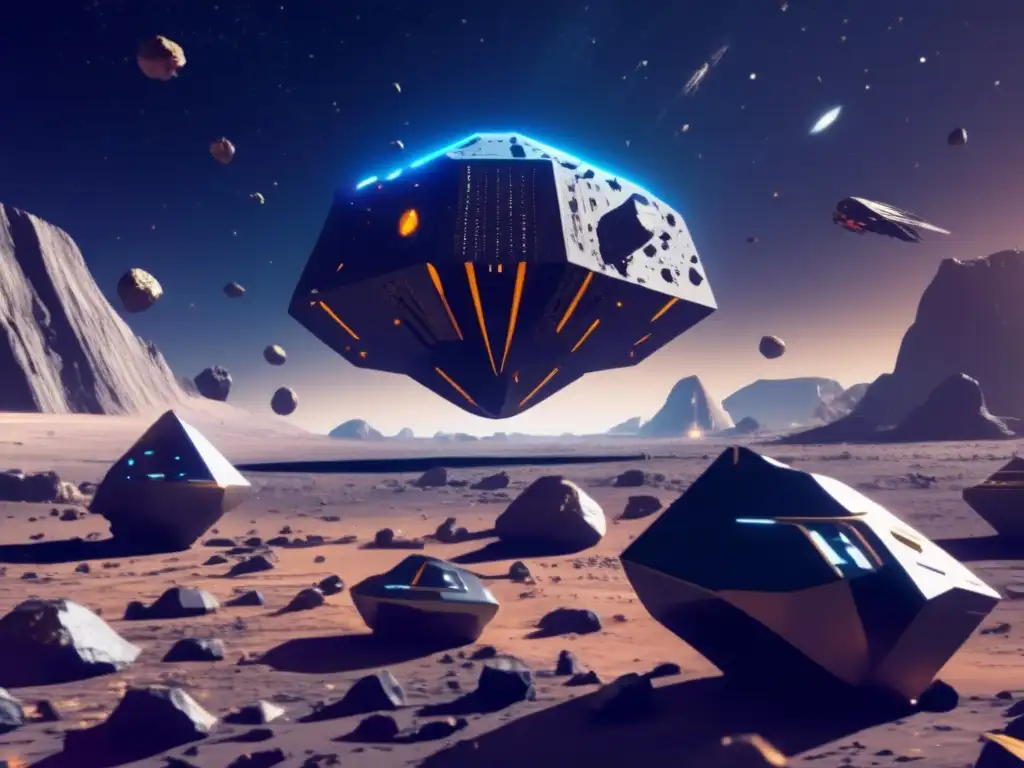 Asteroides metálicos flotando en espacio con nave espacial minera Asteroides metálicos flotando en el espacio, con una nave espacial futurista extrayendo metales valiosos