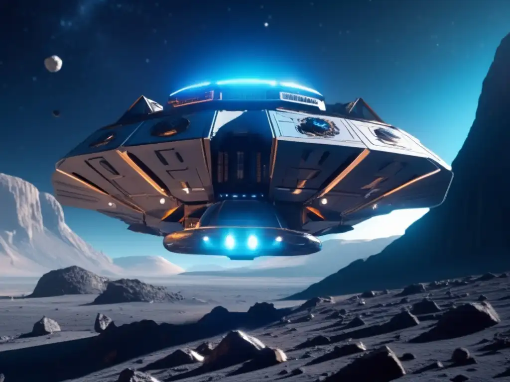 Nave espacial futurista sobre asteroide minero Exploración asteroides: Nave futurista sobre asteroide con maquinaria minera, destellos azules y cosmos de fondo
