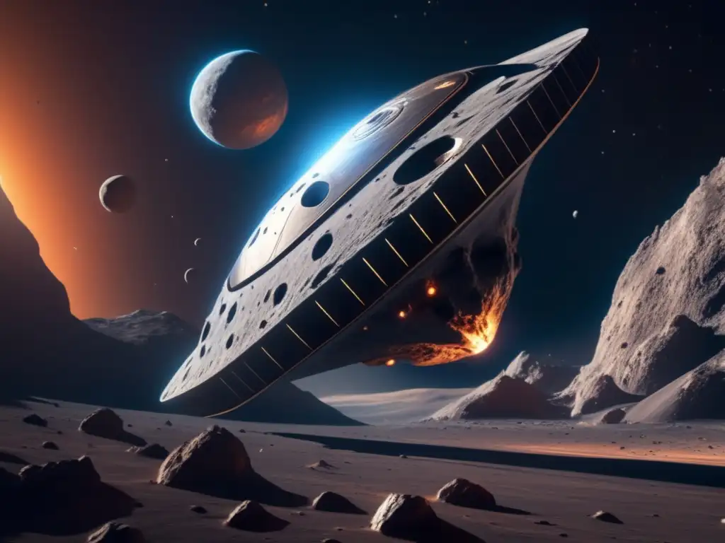 Futuro nave espacial cerca de asteroide Exploración y explotación de asteroides: nave futurista cerca de asteroide