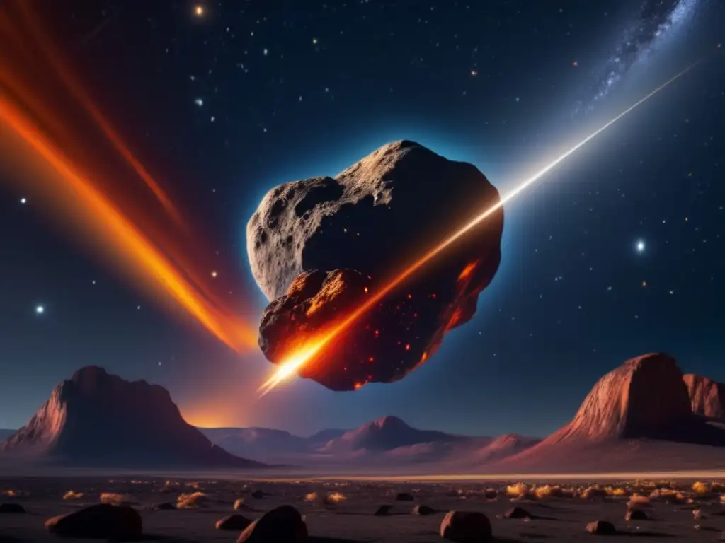Asteroida en llamas atraviesa el cielo estrellado Detectando asteroides ocultos en rutas invisibles: imagen 8k de una noche estrellada con un asteroide brillante ingresando a la atmósfera terrestre