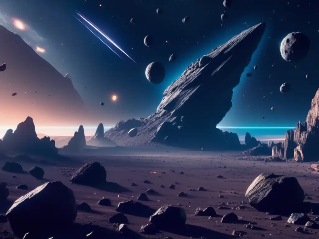 Asteroid field: misterioso y detallado (50 caracteres) Detectando asteroides ocultos en rutas invisibles: un campo de asteroides oscuro y misterioso en 8k, con cuerpos rocosos flotando en el espacio