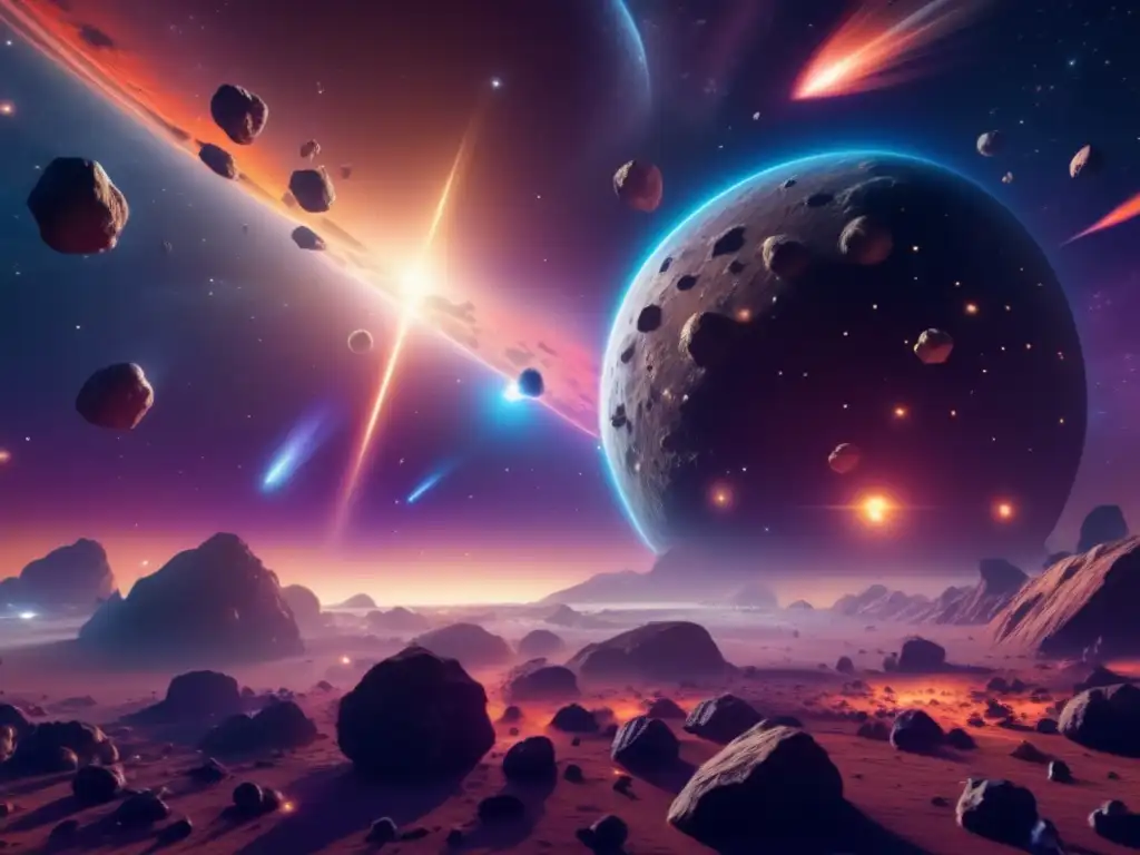 Deslumbrante campo de asteroides Asteroides con órbitas cruzando planetas: Imagen 8k impresionante de un fascinante campo de asteroides suspendidos en un espacio infinito, iluminados por estrellas distantes y destacando sus características geológicas únicas