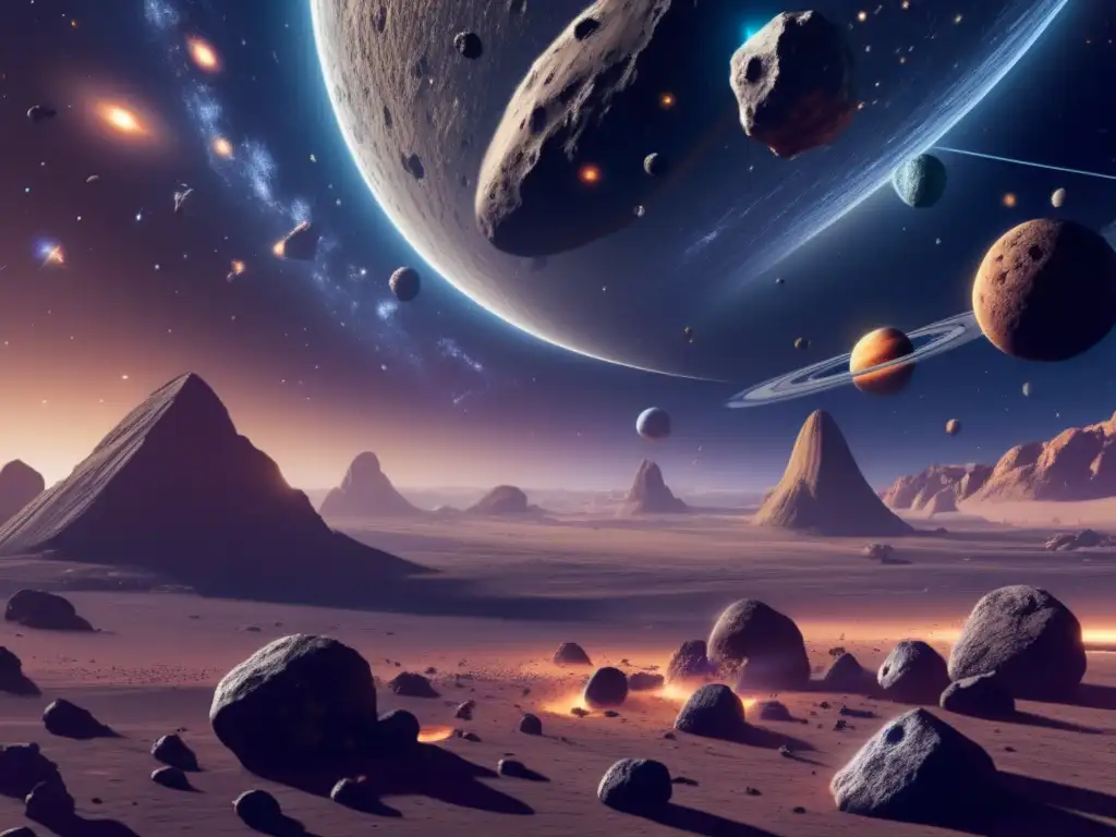Ultradetalle de asteroides en el espacio Asteroides con órbitas cruzando planetas en una impresionante imagen de espacio