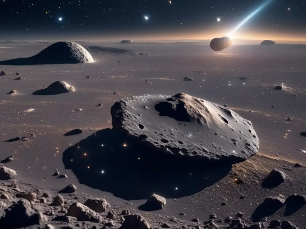 Exploración de asteroides con drones avanzados Evaluación asteroides peligrosos con drones: imagen 8k de espacio infinito con asteroide, drones avanzados y detalle excepcional