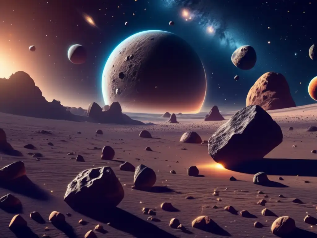 Espectacular imagen en 8k del espacio con asteroides flotando Asteroides prometedores para minería en el espacio estelar