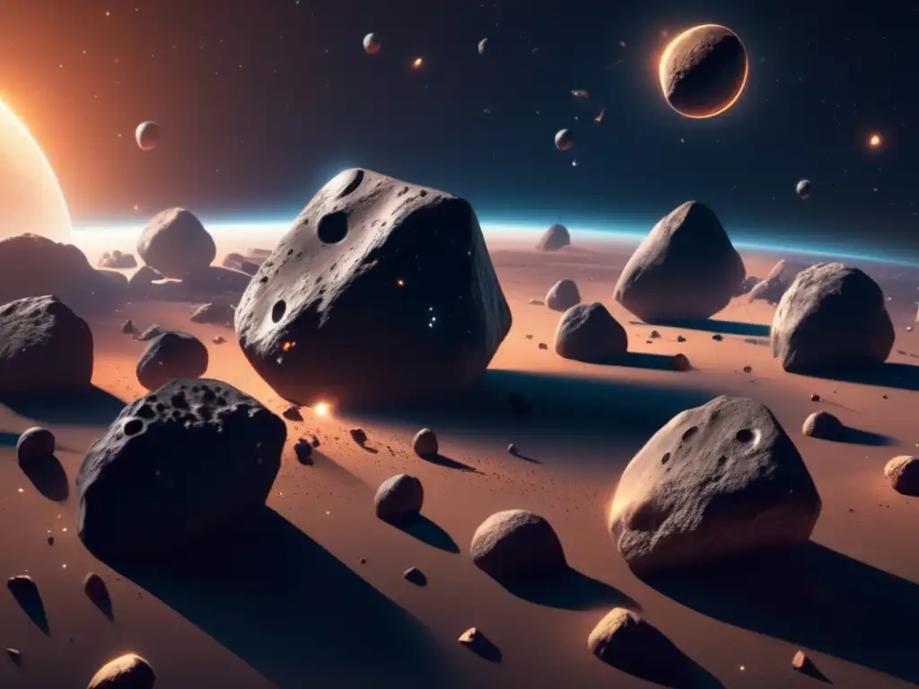 Cluster de asteroides en el espacio Asteroides prometedores para minería en el espacio: belleza y potencial en un detallado 8k