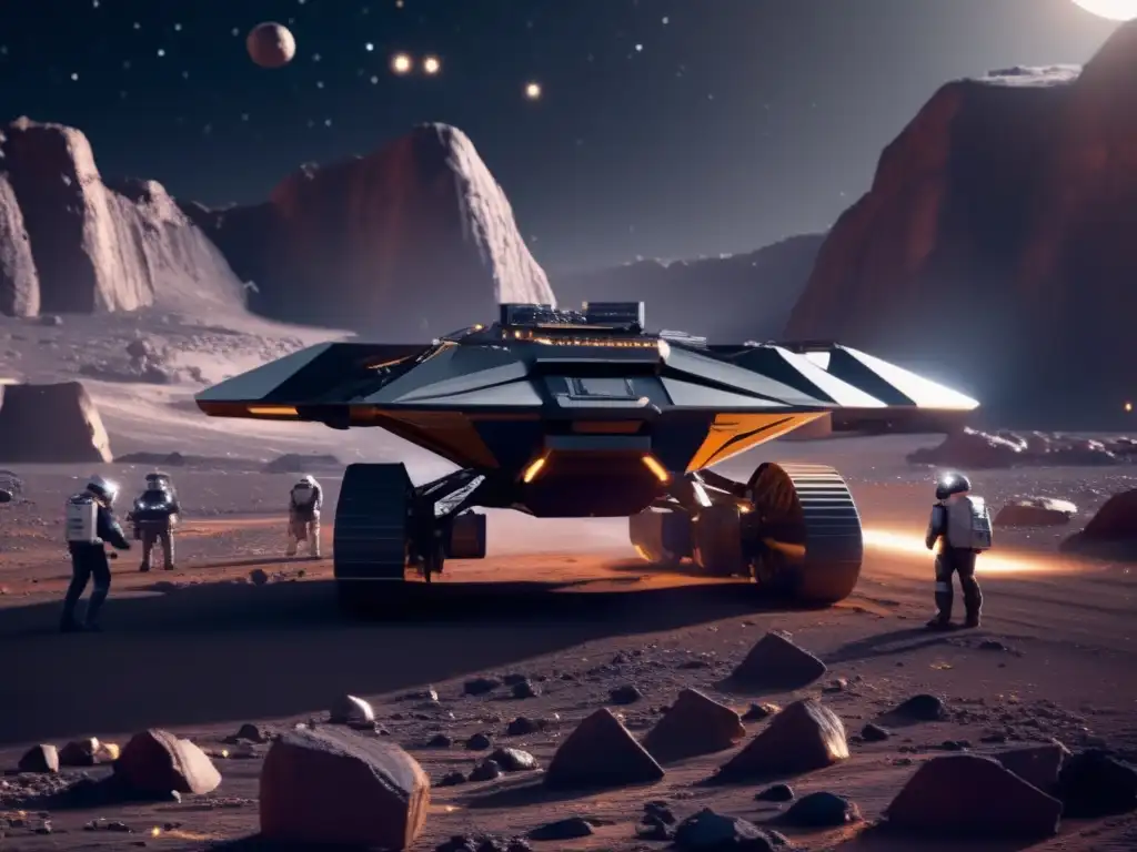 Asteroide minero futurista y drones de extracción Asteroides prometedores para minería: imagen de operación minera futurista en asteroide gigante con drones y tecnología avanzada