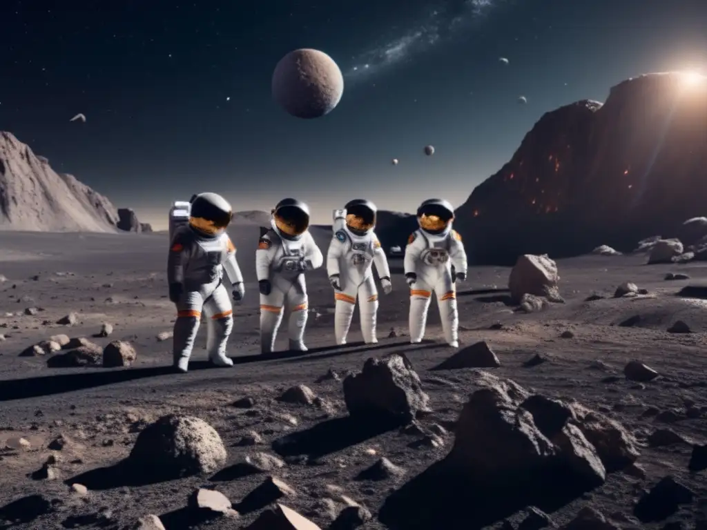 Exploración humana en asteroide Exploración asteroides: psique colectiva, gente en traje espacial en asteroide rocoso, rodeados de espacio infinito
