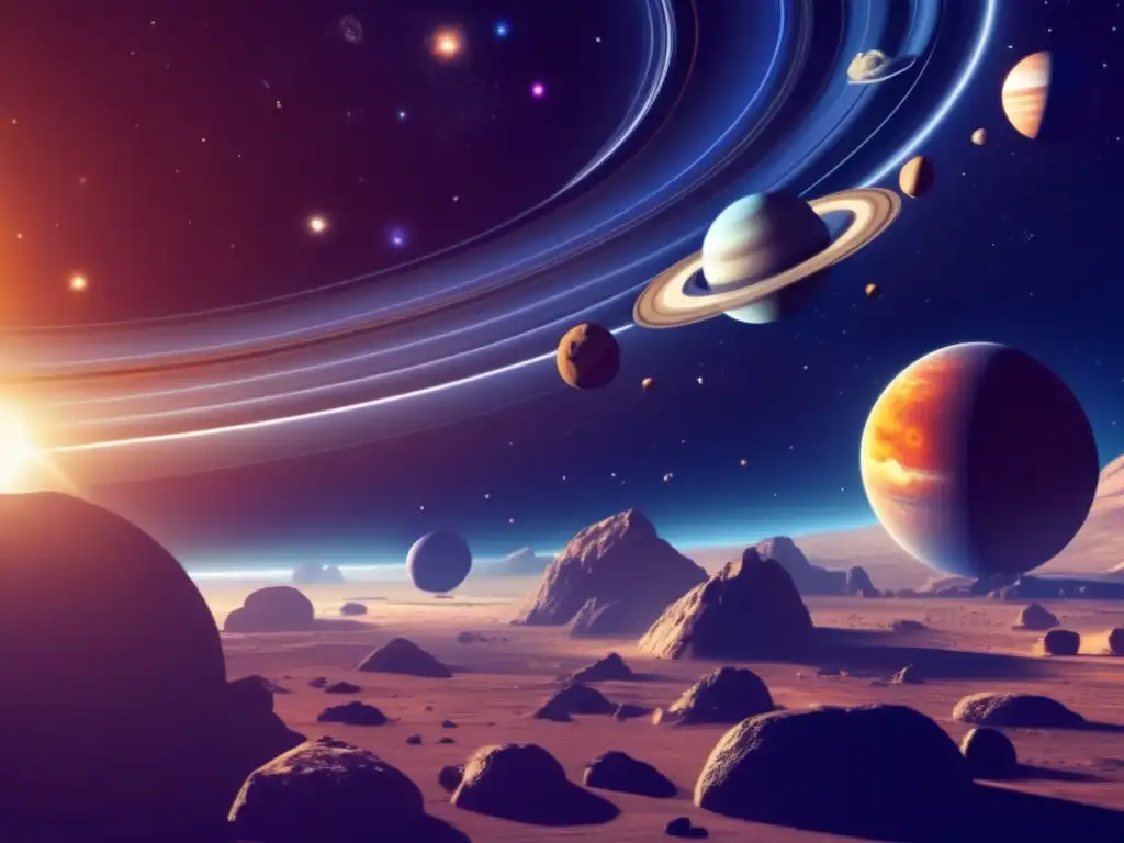 Fascinante vista del sistema solar, con asteroides orbitando Exploración asteroides: recursos celestiales