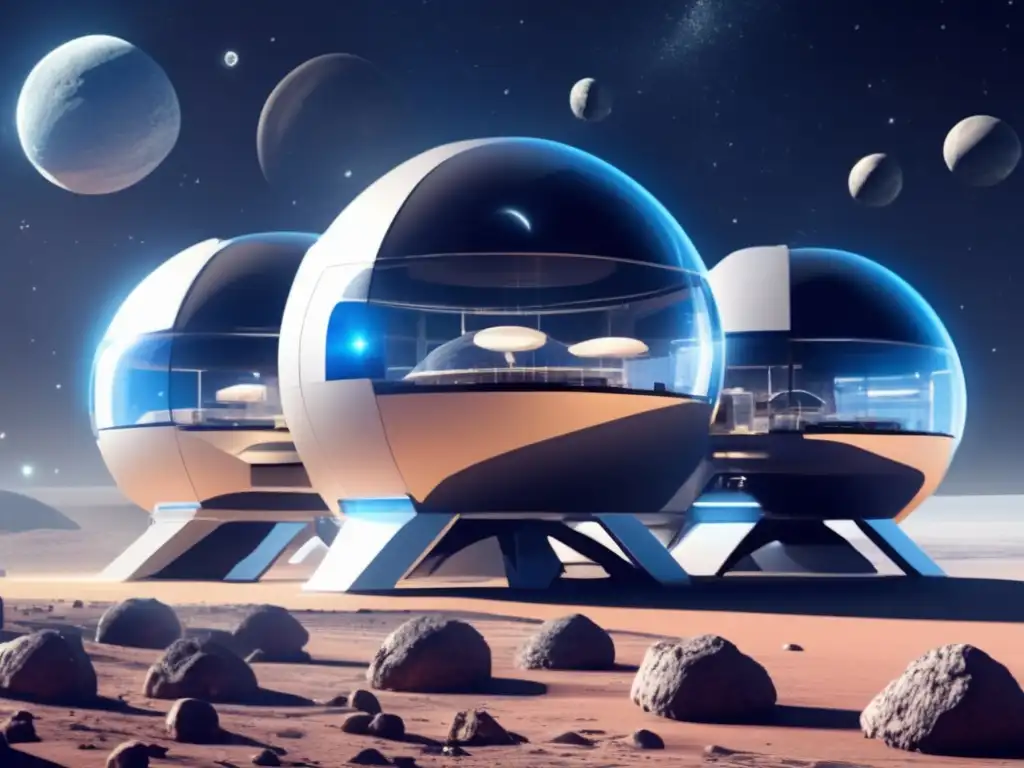 Hábitat espacial futurista de asteroides Asteroides como recursos espaciales en hábitat futurista con diseño moderno, módulos transparentes y energía solar