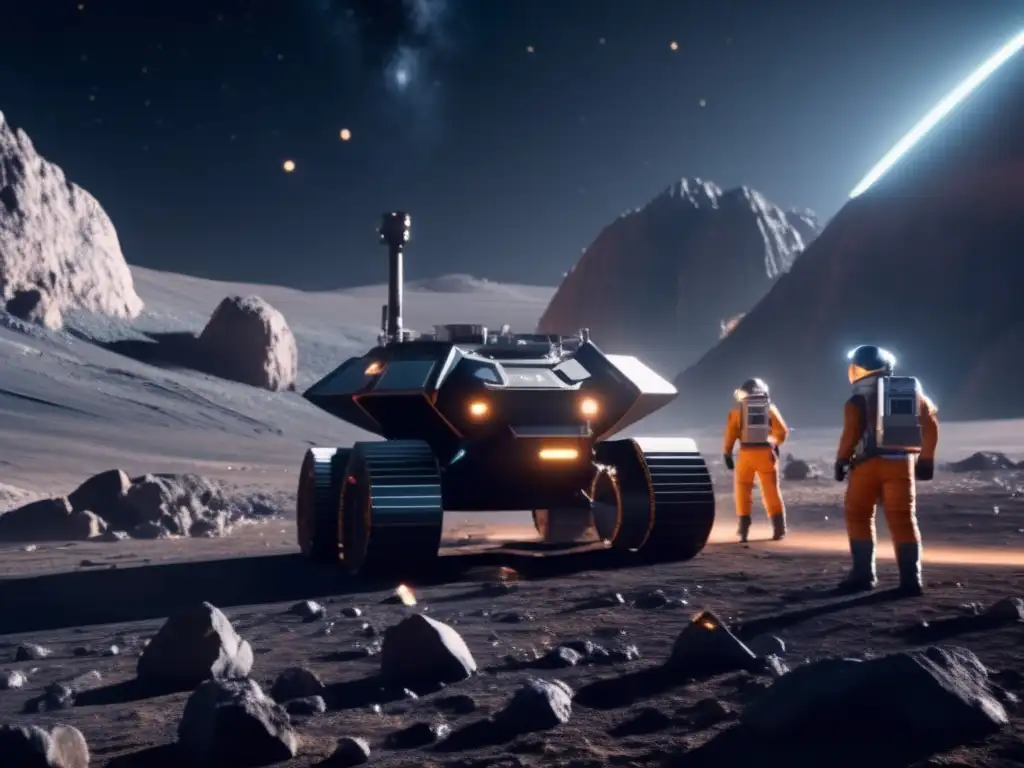 Futuro minero espacial en asteroide Asteroides como recursos espaciales en una imagen de minería futurista en un asteroide con astronautas y tecnología avanzada