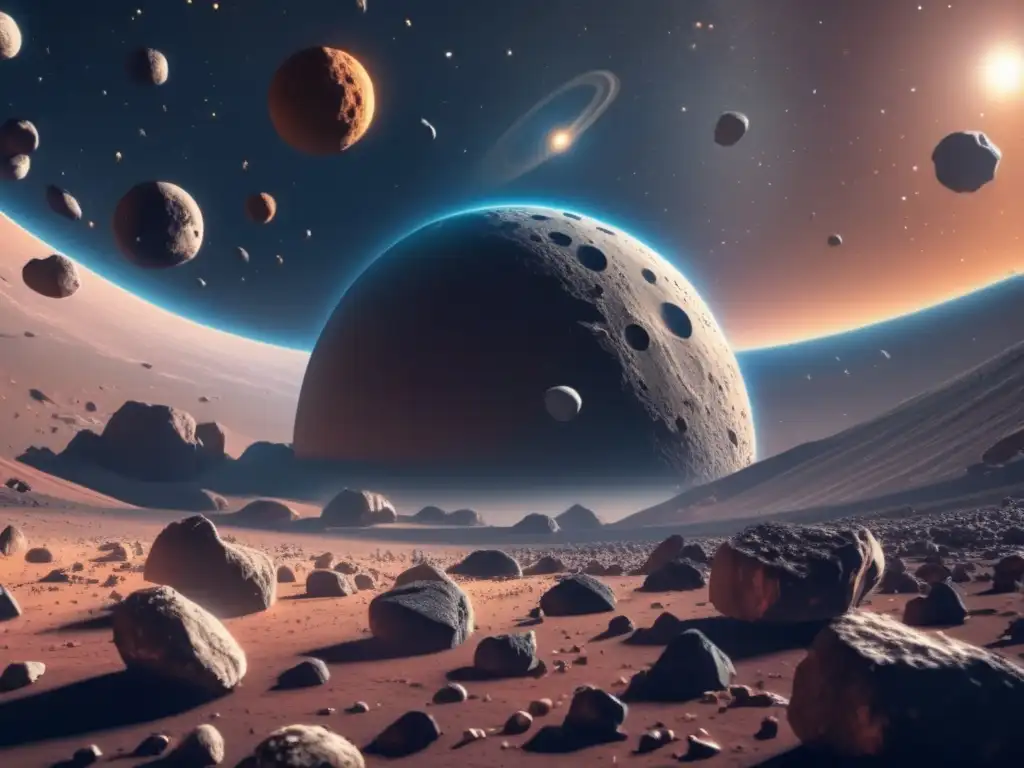 Asteroide cinturón: belleza y potencial Asteroides como recursos espaciales: un impresionante cinturón de asteroides en el espacio, con variedad de tamaños, texturas y colores