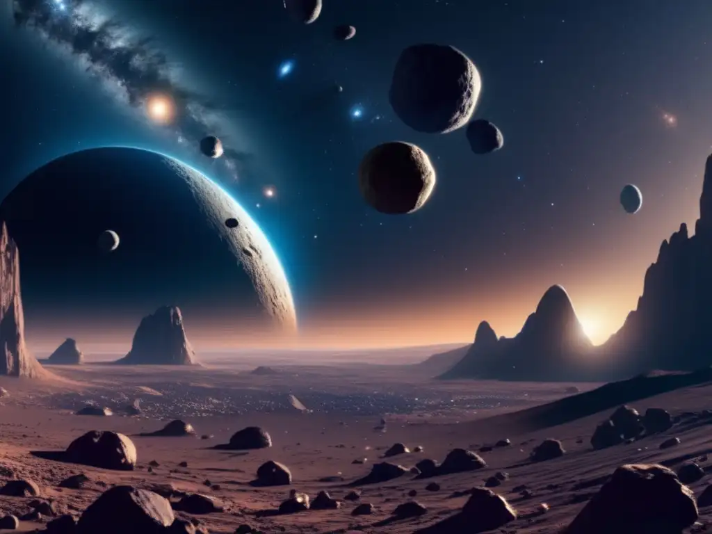 Asteroides como recursos espaciales: panorama impresionante del cinturón de asteroides y una nave futurista minera