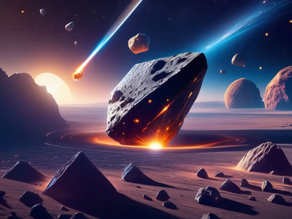 Energía sostenible de asteroides Explorando asteroides como recursos: Imagen deslumbrante de energía solar capturada en un asteroide, con paneles solares y galaxias distantes