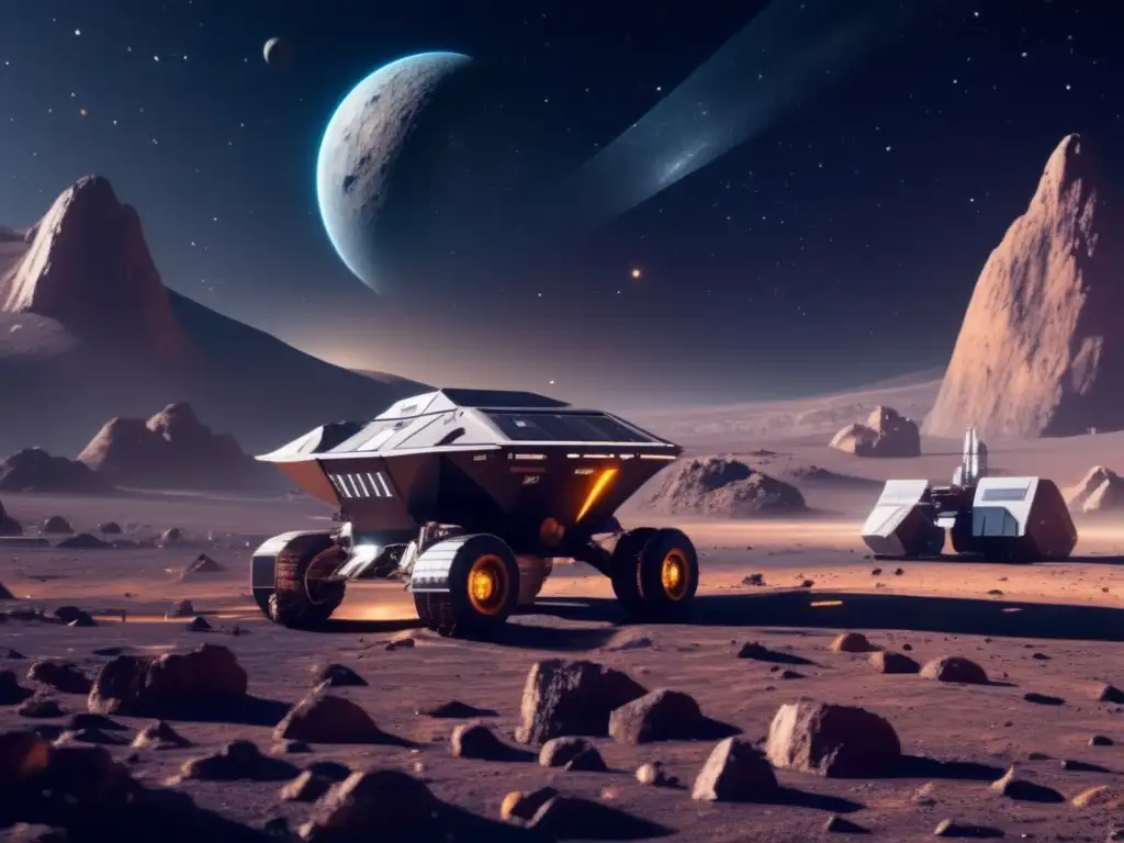 Explorando asteroides como recursos: Imagen 8k detallada de una operación minera espacial futurista en un asteroide tipo T