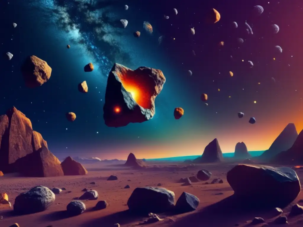 Asteroides redescubiertos: belleza y misterio Asteroides redescubiertos: Imagen detallada 8k con un universo estrellado y asteroides de distintos tamaños y colores flotando en el espacio