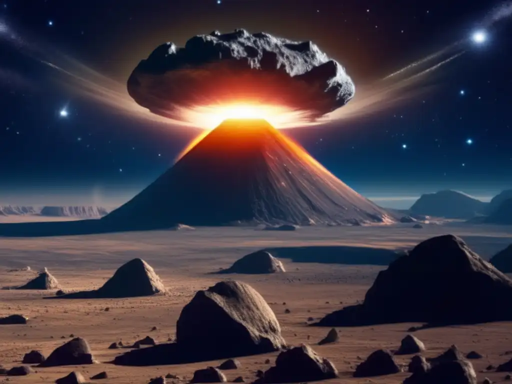 Amenaza espacial: asteroide colosal Asteroides en colisión: gigante rocoso amenazante se acerca a la Tierra, estremeciendo el espacio con fuegos y peligro