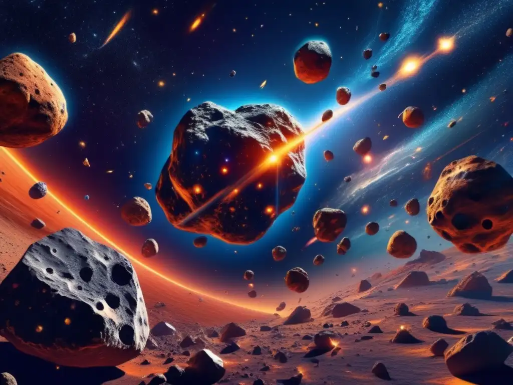 Caótico campo de asteroides en el espacio Identificando asteroides en rutas de colisión en un asombroso paisaje espacial de 8k ultradetallado