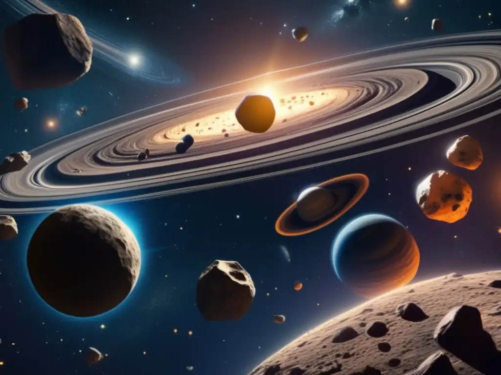 Caos y peligro en cinturón de asteroides Identificando asteroides en rutas de colisión: Impactante imagen de un caótico cinturón de asteroides con colisiones y efectos gravitacionales
