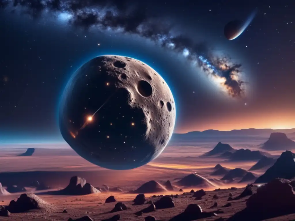 Noche estrellada, asteroide amenazante Identificando asteroides en rutas de colisión: Un impactante cielo estrellado de noche, con un asteroide amenazante y tecnología avanzada