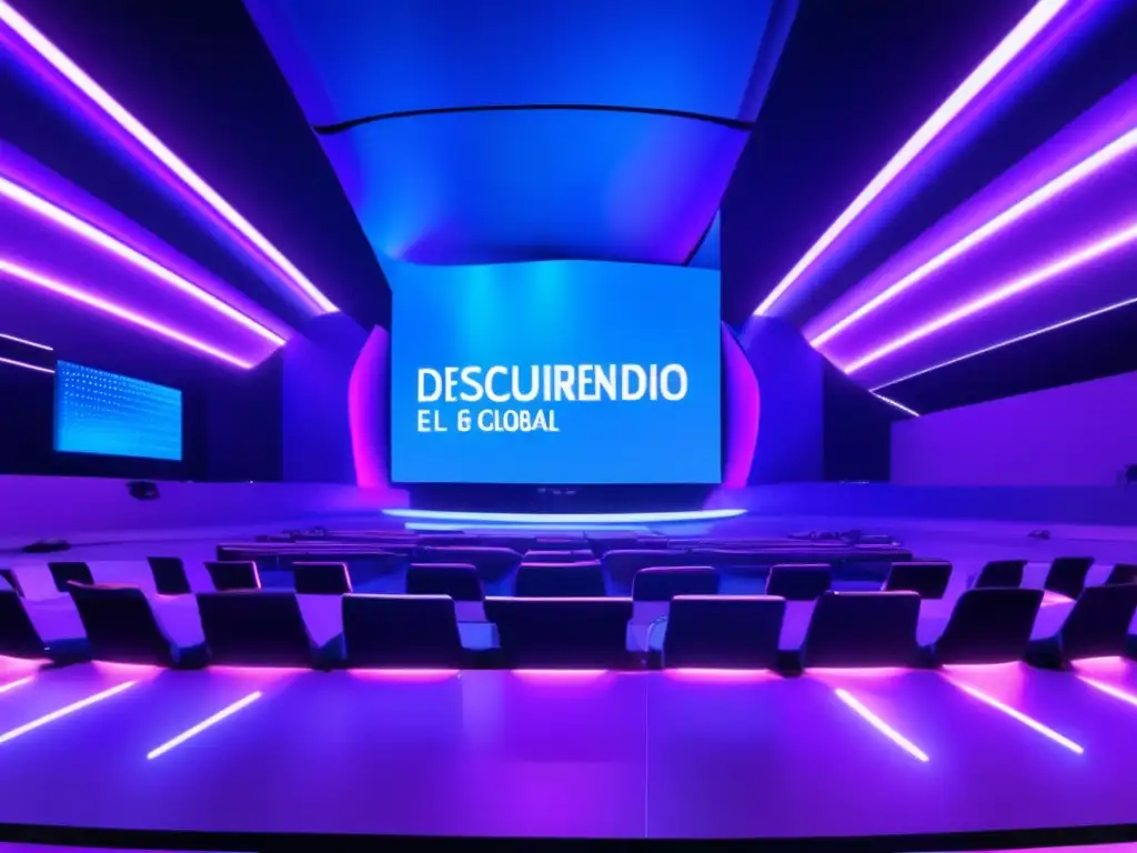 Conferencia Global: Explotación de Asteroides Conferencia sobre explotación de asteroides en sala futurista con tecnología de vanguardia y vista al espacio