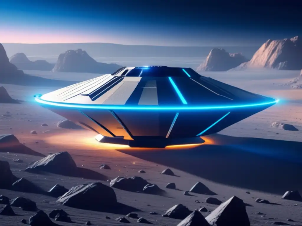 Nave espacial futurista sobre asteroide silicato Investigación de asteroides de silicato: oportunidades y desafíos