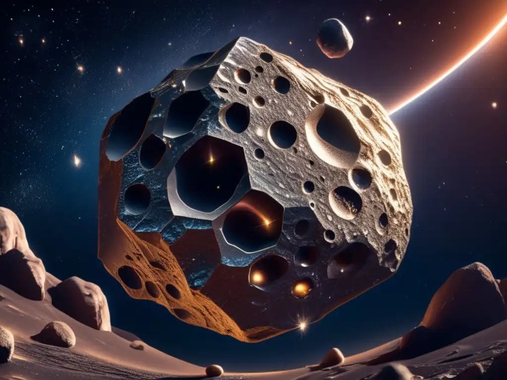 Asteroide metálico flotando en el espacio Composición asteroides sistema solar: asteroide metálico flotando en el espacio con minerales brillantes y paisaje rugoso