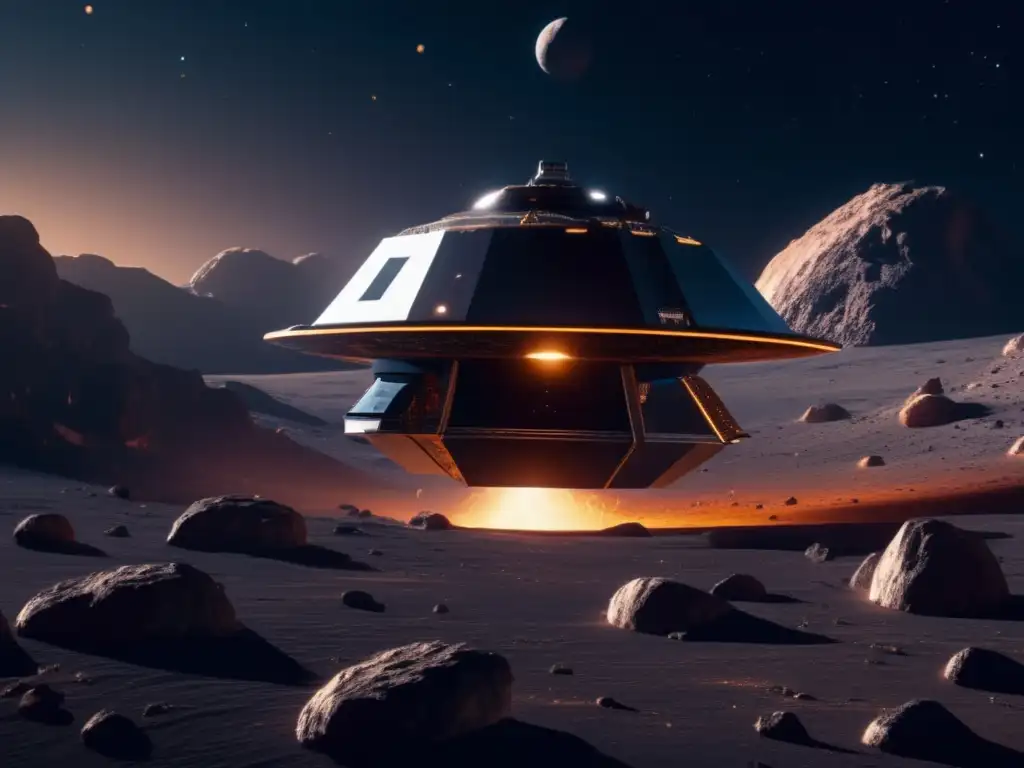 Exploración espacial: Sonda y asteroide Exploración y explotación de asteroides: sonda espacial escanea superficie rocosa para encontrar compuestos orgánicos
