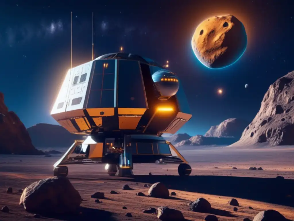 Sonda espacial futurista en asteroide Exploración y explotación de asteroides: Sonda espacial futurista en asteroides con paisaje dorado y otros en el fondo