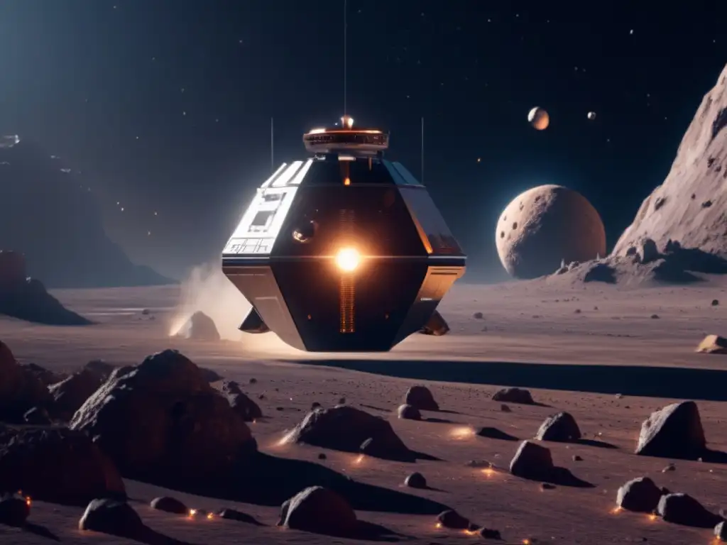 Sonda espacial explorando asteroide Exploración y explotación de asteroides: Sonda espacial futurista cerca de asteroide masivo en el espacio