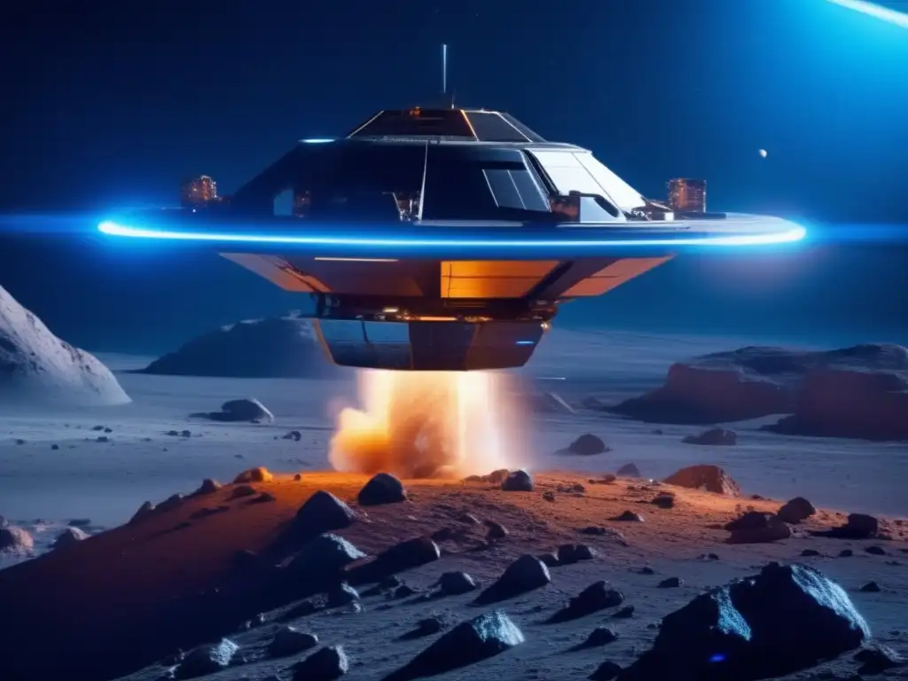 Ultradescripción: Sonda espacial futurista sobre asteroide Desviando asteroides para proteger: sonda espacial futurista estudiando y analizando un asteroide