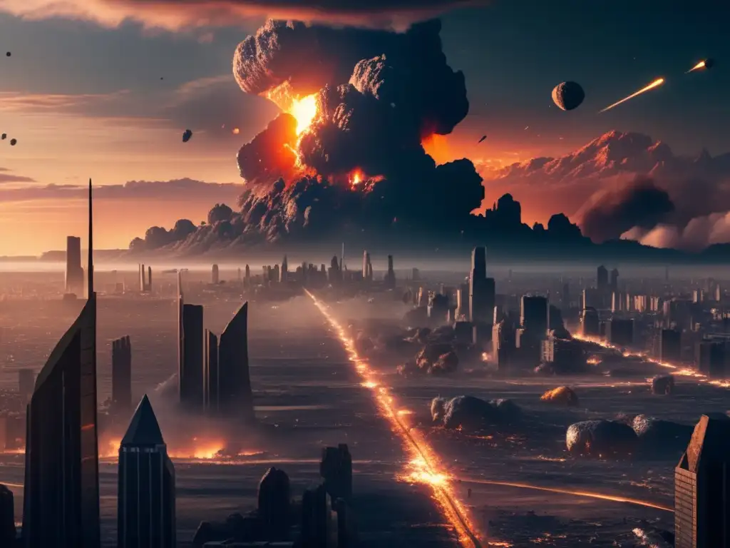 Devastación tras impacto de asteroide en la Tierra Amenaza asteroides en Tierra: devastación, ciudad en ruinas, impacto, destrucción, preparación, medidas