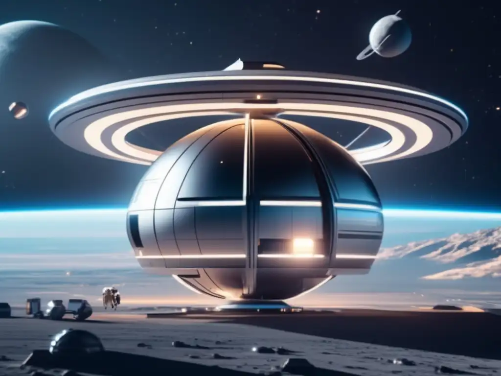 Futurista estación espacial desviando asteroide Desviando asteroides para proteger la Tierra en una estación espacial futurista rodeada de galaxias