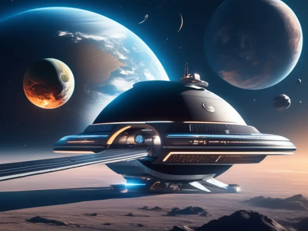 Futurista estación espacial, asteroide hacia la Tierra Protección contra asteroides en la Tierra: Futurista estación espacial orbitando la Tierra, con asteroide amenazante